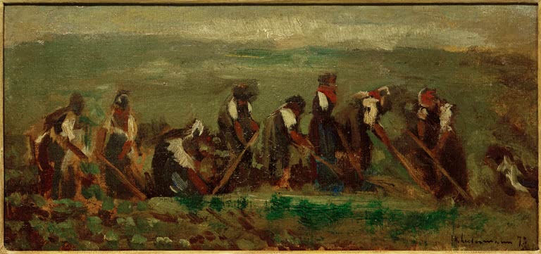 Reihe von Arbeitern mit Hacken in gebückter Haltung auf einem Feld – Max Liebermann Arbeiter im Rübenfeld Kunstkopie