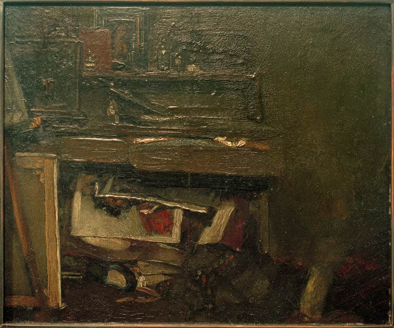 Dunkler Atelierwinkel mit Holzregal und Leinwänden in warmen Brauntönen – Max Liebermann Atelierwinkel Kunstkopie