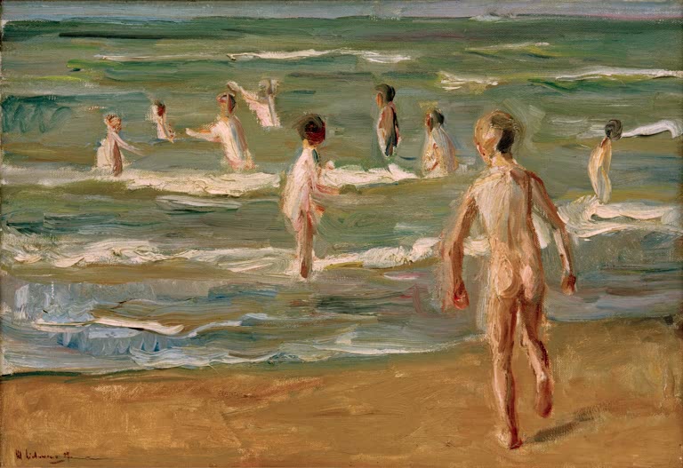 Badende Jungen im flachen Wasser der grünen Brandung – Max Liebermann Badende Jungen Kunstkopie
