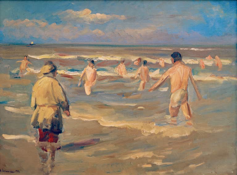 Max Liebermann Badende Knaben Kunstkopie, Jungen baden in der Brandung, Mann im Ölzeug am Strand von Noordwijk