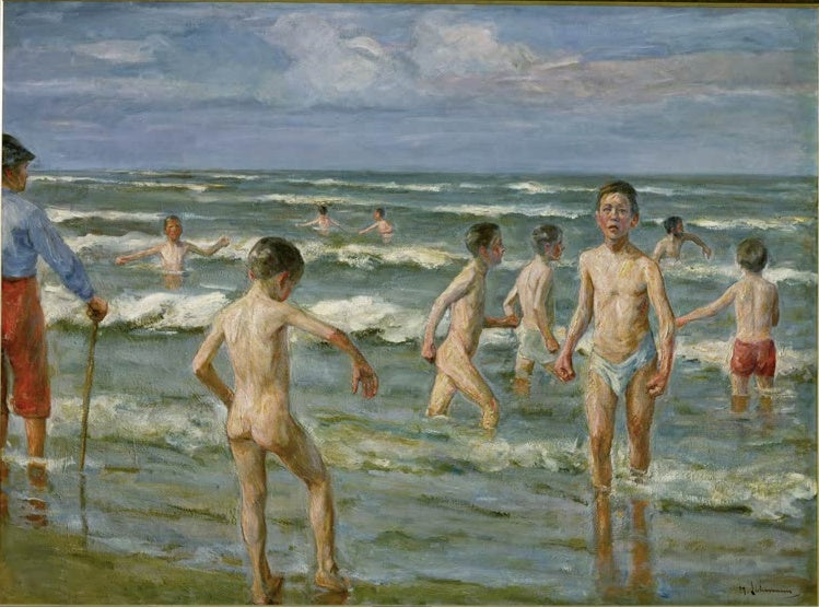 Nackte Knaben waten durch die Brandung am Strand – Max Liebermann Badende Knaben Kunstkopie