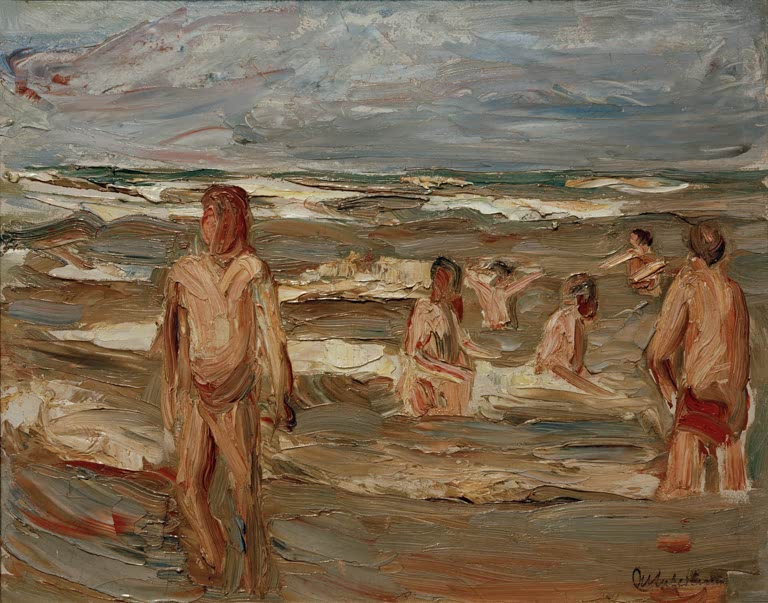 Nackte Knaben baden in wild bewegtem Meer unter Wolken – Max Liebermann Badende Knaben Kunstkopie