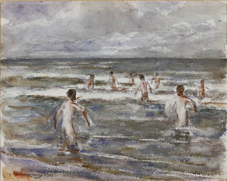 Aquarell von nackten Knaben, die durch graue, schäumende Brandung waten – Max Liebermann Badende Knaben Kunstkopie