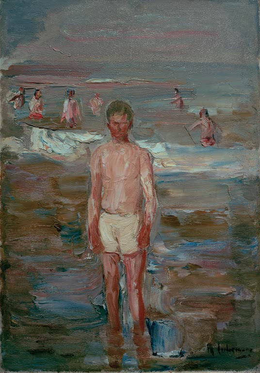 Junger Mann in weißer Badehose steht im flachen Wasser – Max Liebermann Badender Knabe Kunstkopie