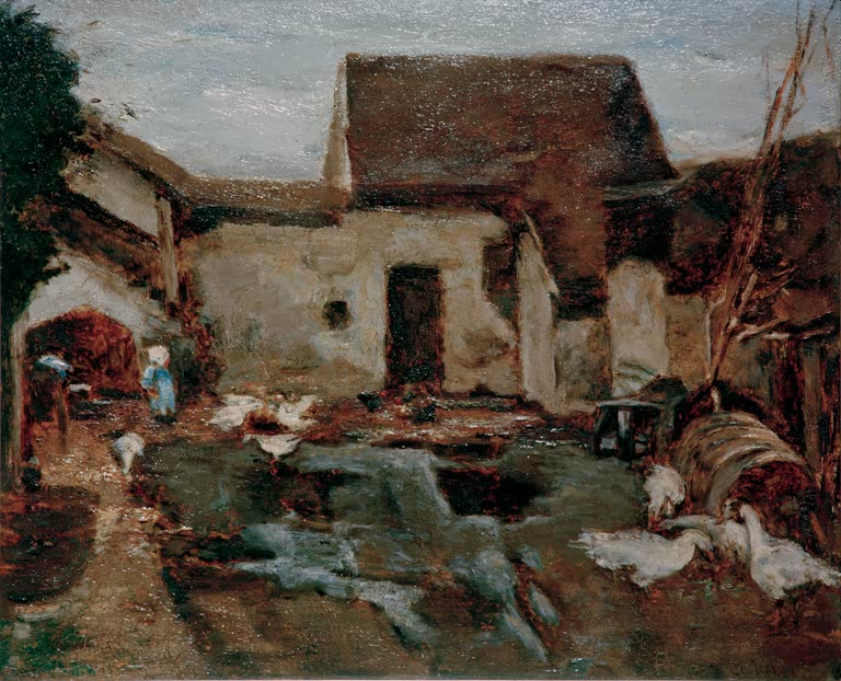 Bauernhof mit Gänsen im Vordergrund, Hofgebäude mit dunklem Dach – Max Liebermann Bauernhof in Barbizon – Studie Kunstkopie