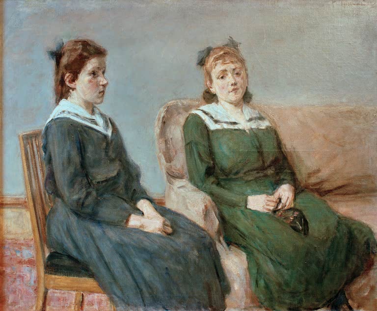 Zwei sitzende Mädchen in Matrosenkragenkleidern, blau und grün – Max Liebermann Bildnis der Töchter Leder Kunstkopie
