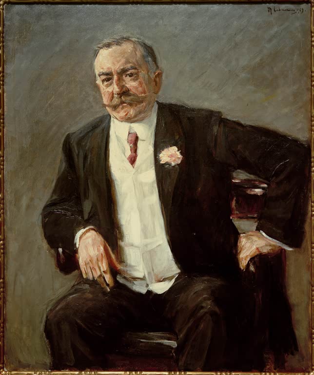 Sitzender Herr im schwarzen Anzug mit roter Krawatte und Blume – Max Liebermann Bildnis Friedrich Carl Duisberg Kunstkopie