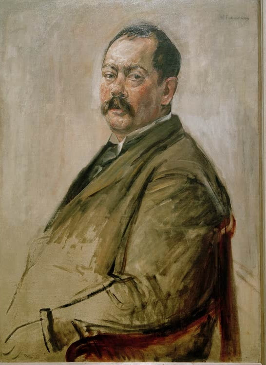 Sitzender Mann mit Schnurrbart im olivgrünen Jackett – Max Liebermann Bildnis des Malers Lovis Corinth Kunstkopie