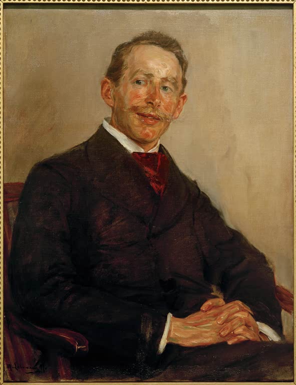 Sitzender Herr mit gefalteten Händen, rote Krawatte und dunkler Anzug – Max Liebermann Bildnis Dr. Max Linde Kunstkopie