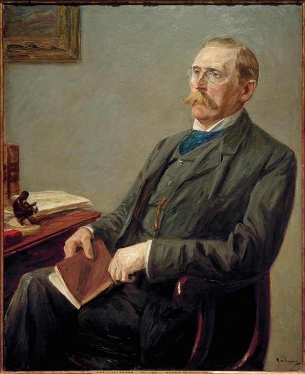 Sitzender Herr mit Schnurrbart und Brille am Schreibtisch mit Buch – Max Liebermann Bildnis Wilhelm Bode Kunstkopie