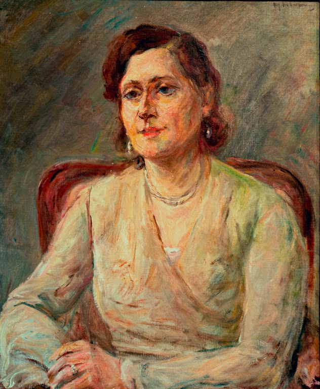 Max Liebermann Bildnis Lydia Petrowa Kunstkopie, lächelnde Frau mit Perlenkette vor graubraunem Hintergrund