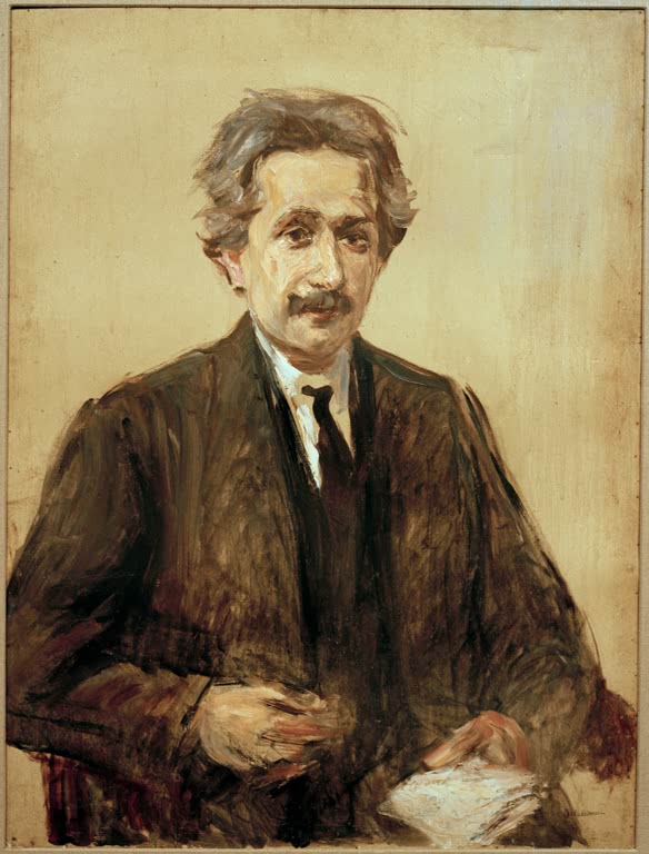 Sitzender Mann mit wirrem grauem Haar und Schnurrbart im Anzug – Max Liebermann Bildnis Prof. Albert Einstein Kunstkopie