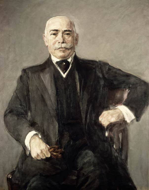 Sitzender Herr im dunklen Anzug mit aufgestütztem Arm vor grauem Grund – Max Liebermann Bildnis Siegmund Seligmann Kunstkopie