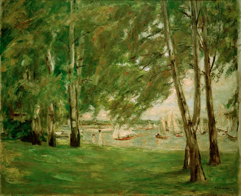 Birkenstämme am Seeufer mit Rasen und Segelbooten auf dem Wasser – Max Liebermann Birken am Wannseeufer nach Osten Kunstkopie