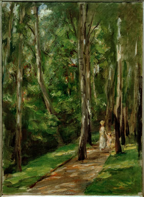 Schmaler Birkenweg mit zwei kleinen Figuren zwischen hohen Stämmen – Max Liebermann Birkenweg in Wannsee Kunstkopie