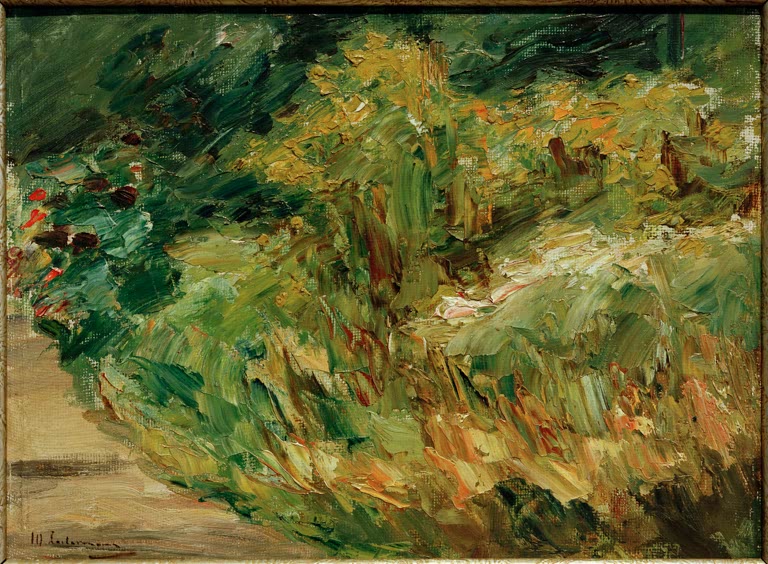 Üppiger Staudengarten mit gelben und roten Blüten am Gartenweg – Max Liebermann Blumenstauden am Gärtnerhäuschen Kunstkopie