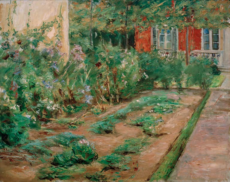 Blühende Stauden und Gemüsebeete vor Gartenhaus mit roten Läden – Max Liebermann Blumenstauden am Gartenhäuschen Kunstkopie