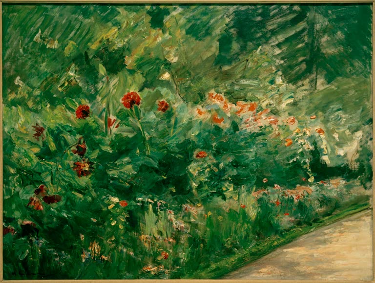 Üppige Blumen mit roten Mohnblüten an einem Gartenweg – Max Liebermann Blumenstauden im Nutzgarten nach Südwesten Kunstkopie