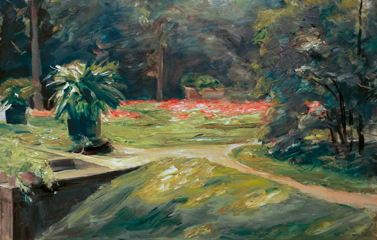Gartenweg mit Rasenfläche, Kübelpflanze und rotem Blumenbeet – Max Liebermann Blumenterrasse nach Westen Kunstkopie