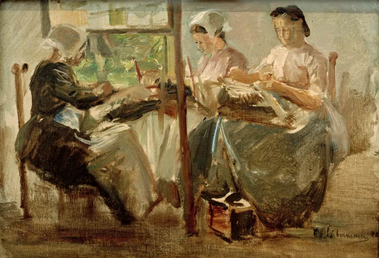 Drei Frauen mit Hauben klöppeln Spitze im Licht eines Fensters – Max Liebermann Brabanter Spitzenklöpplerinnen Kunstkopie