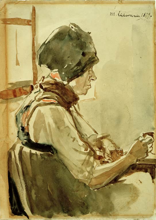Aquarellierte Frau mit Kopftuch im Profil beim Handarbeiten – Max Liebermann Dachauerin Kunstkopie