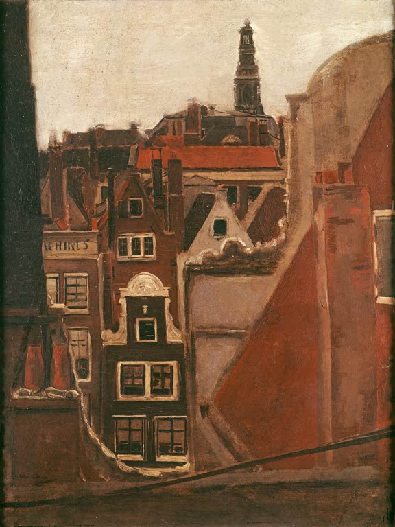 Blick über rote Dächer und Giebelhäuser auf einen Kirchturm – Max Liebermann Dächer von Amsterdam Kunstkopie