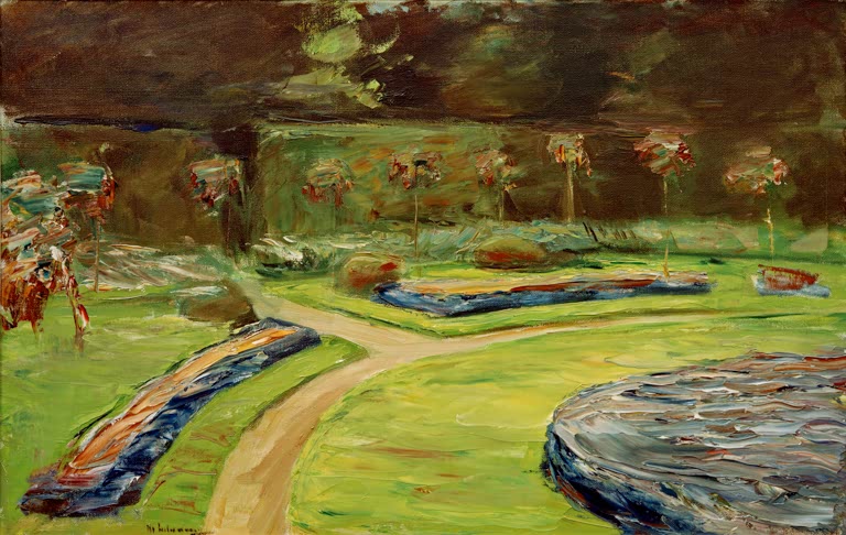 Max Liebermann Das Rondell im Heckengarten Kunstkopie, rundes Steinbecken an Wegkreuzung zwischen Blumenbeeten und Hecken