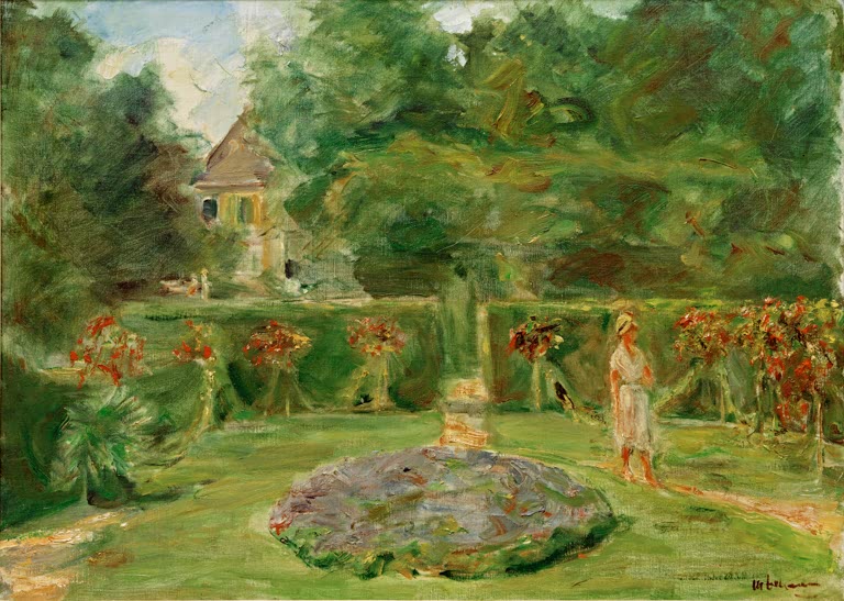 Max Liebermann Das Rondell im Heckengarten Kunstkopie, kreisrundes Steinbeet in blühendem Heckengarten mit Frau