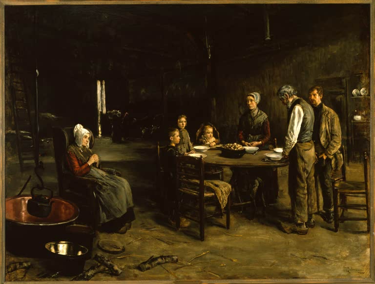 Dunkle Bauernstube mit Familie am Tisch beim gemeinsamen Gebet – Max Liebermann Das Tischgebet Kunstkopie