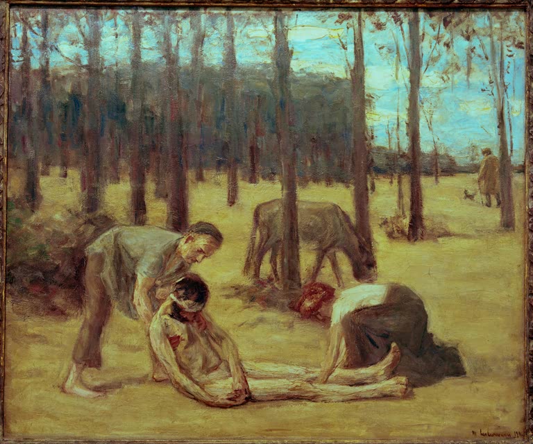 Barmherziger Samariter hilft einem Verletzten auf einer Waldlichtung – Max Liebermann Der barmherzige Samariter Kunstkopie