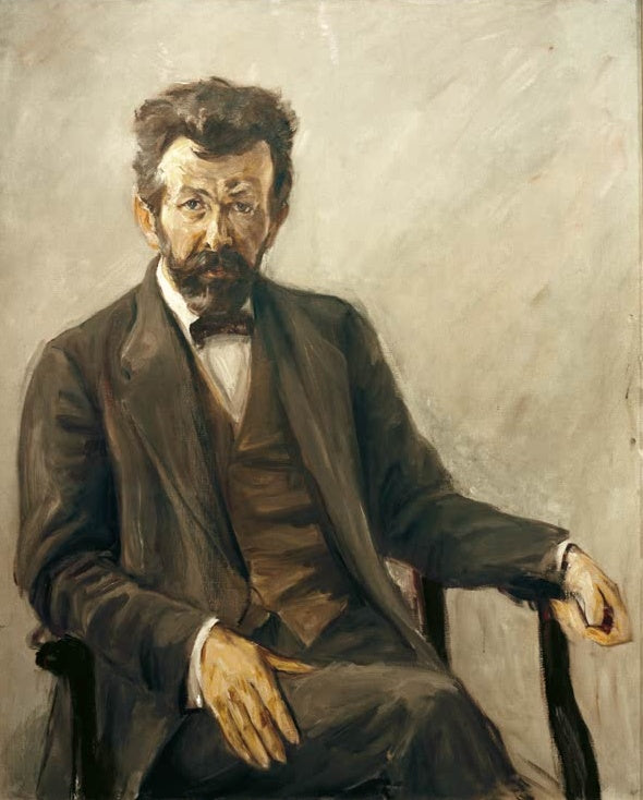 Max Liebermann Der Dichter Richard Dehmel Kunstkopie, sitzender Lyriker im dunklen Anzug vor grauem Grund