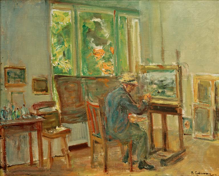 Max Liebermann Der Künstler im Atelier Kunstkopie, Maler mit Strohhut an der Staffelei vor grünem Fenster