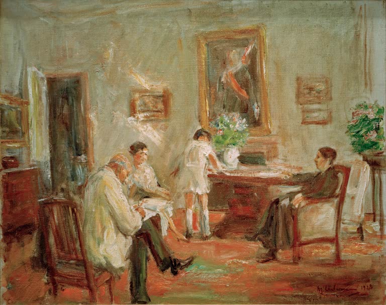 Familie im hellen Wohnzimmer, Maler skizziert mit Frau und Enkelin – Max Liebermann Der Künstler skizzierend Kunstkopie
