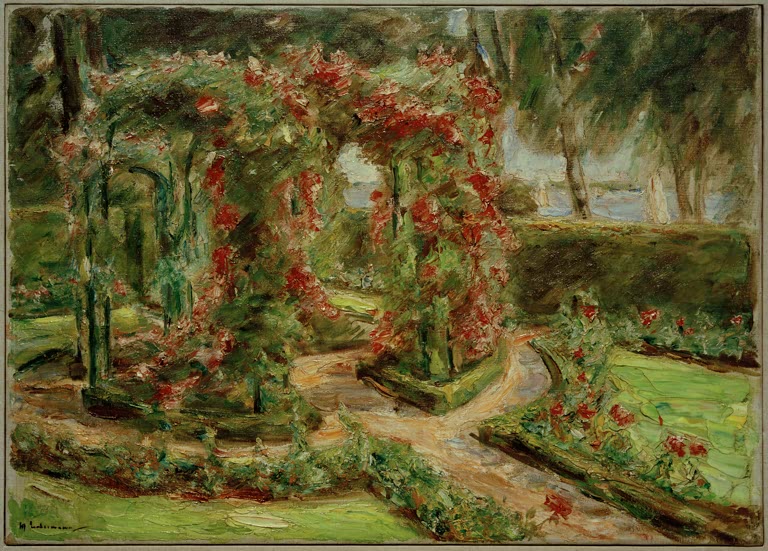Rosenbogen und gewundene Wege im Rosengarten mit roten Blüten – Max Liebermann Der Rosengarten in Wannsee Kunstkopie