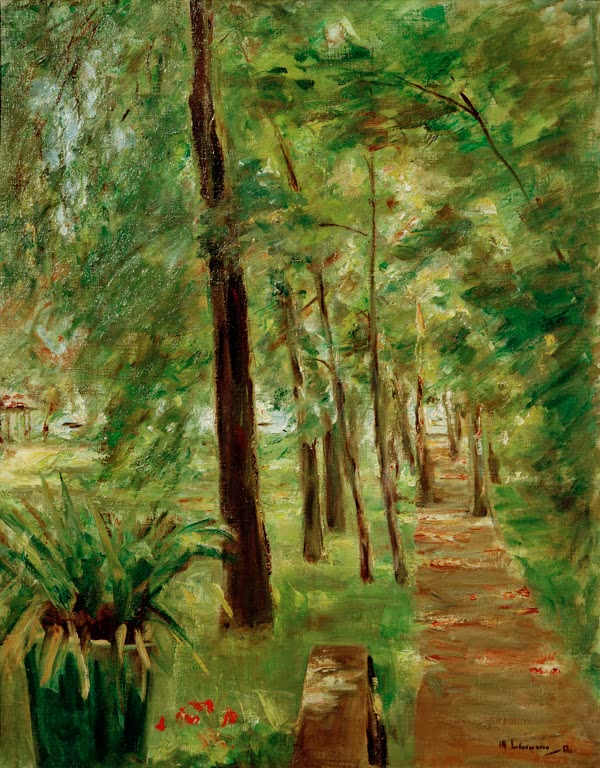 Schmaler Gartenweg zwischen hohen Stämmen im Sommerlicht – Max Liebermann Die Birkenallee im Wannseegarten Kunstkopie