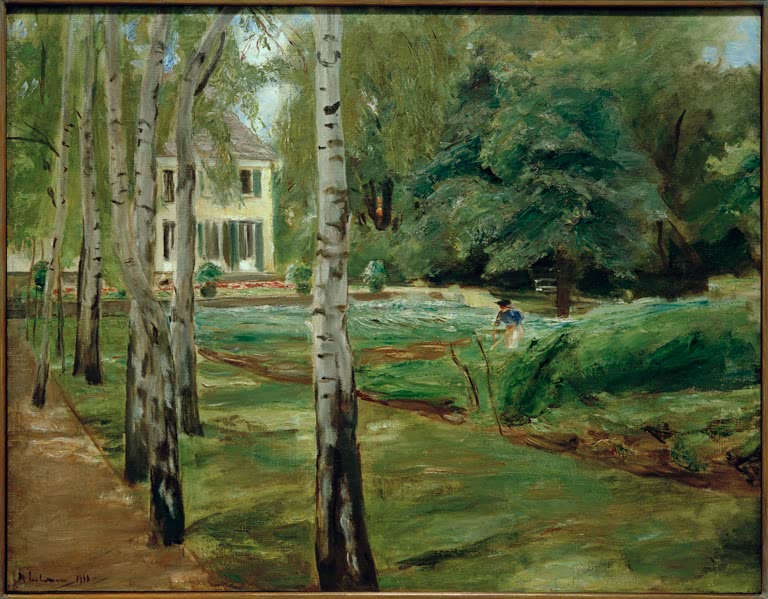 Birkenallee mit weißen Stämmen und Blick auf die Villa – Max Liebermann Die Birkenallee im Wannseegarten Kunstkopie