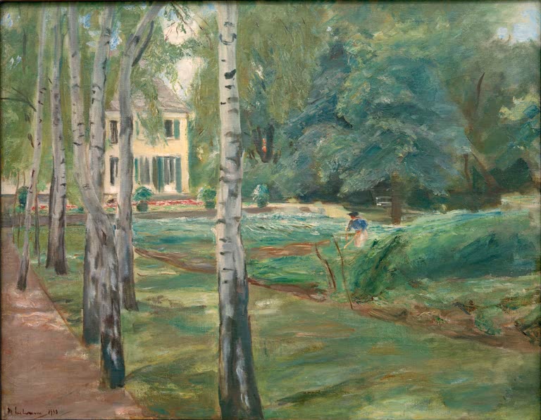 Weiße Birken am Gartenweg, dahinter eine helle Villa – Max Liebermann Die Birkenallee im Wannseegarten Kunstkopie