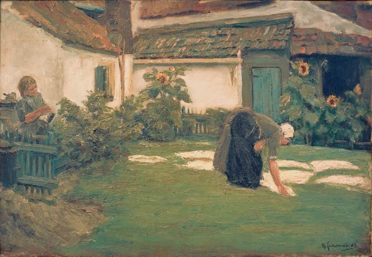 Frau breitet im Hof vor einem Bauernhaus Wäsche auf dem Rasen aus – Max Liebermann Die Bleiche Kunstkopie