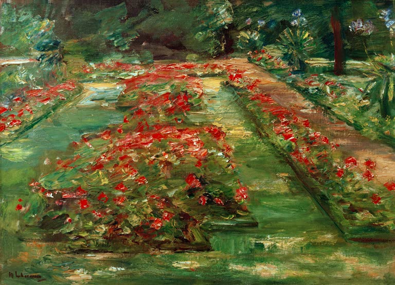 Rotes Blumenbeet im Rasenparterre vor Büschen – Max Liebermann Die Blumenterrasse im Wannseegarten Kunstkopie