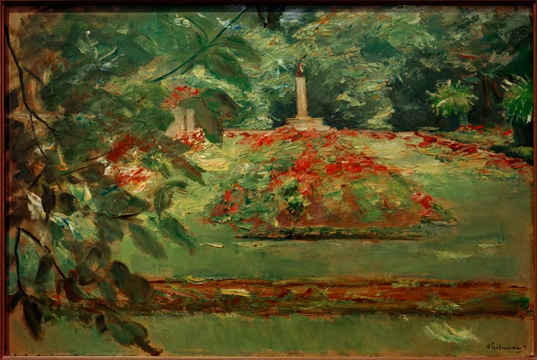 Rundes Blumenbeet mit roten Blüten, Rasen und Statue – Max Liebermann Die Blumenterrasse im Wannseegarten Kunstkopie