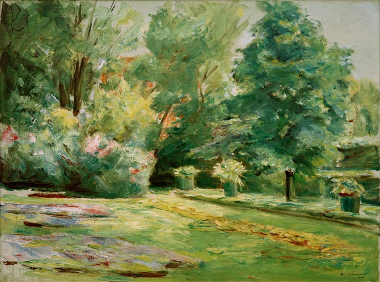 Blühende Gartenbeete unter Bäumen mit Büschen und Rasen – Max Liebermann Die Blumenterrasse im Wannseegarten Kunstkopie