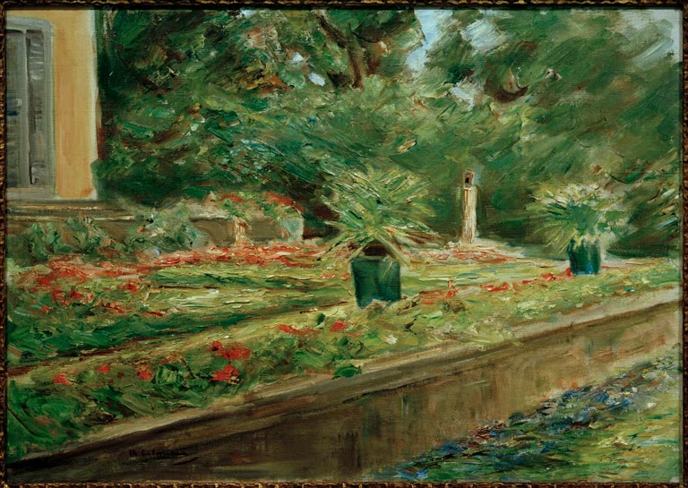 Terrasse mit roten Beeten und grünem Kübel vor der Villa – Max Liebermann Die Blumenterrasse im Wannseegarten Kunstkopie