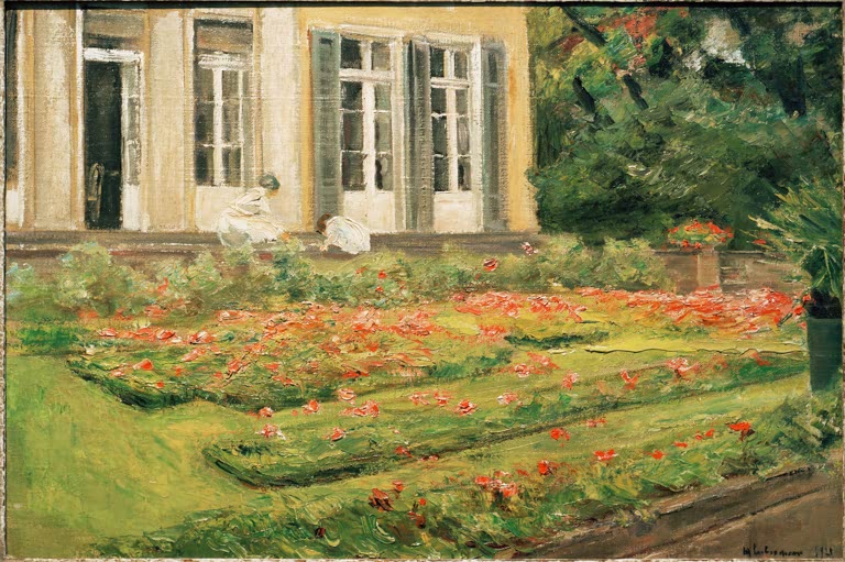 Blumenbeet mit roten Blüten vor Villa mit hohen Fenstertüren – Max Liebermann Die Blumenterrasse im Wannseegarten Kunstkopie