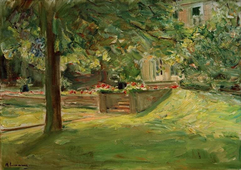 Baumstamm vorn, dahinter Terrasse mit Blumen und Haus im Licht – Max Liebermann Die Blumenterrasse nach Südwesten Kunstkopie