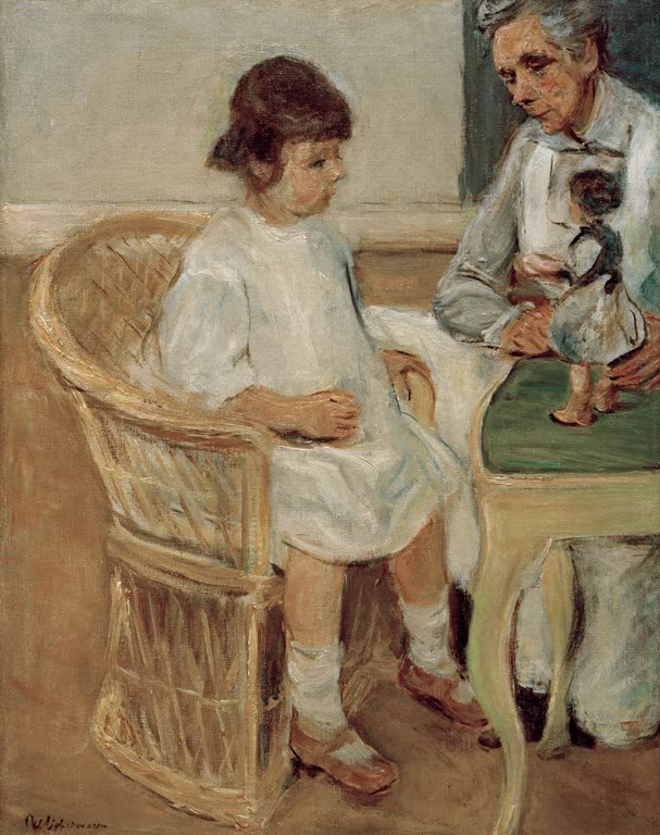Kleines Mädchen im weißen Kleid im Korbsessel neben älterer Frau – Max Liebermann Die Enkelin im Korbsessel Kunstkopie