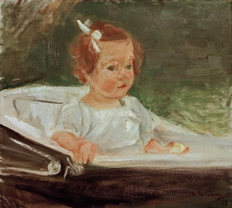Kleinkind mit roter Haarschleife im weißen Kleid im Kinderwagen – Max Liebermann Die Enkelin im Kinderwagen Kunstkopie