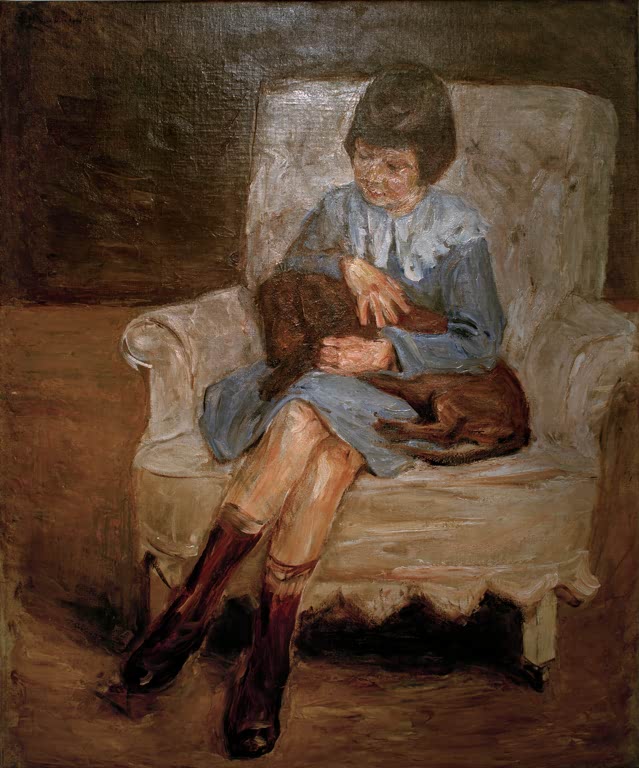 Mädchen mit Dackel auf dem Schoß im weißen Polstersessel – Max Liebermann Die Enkelin Liebermanns mit Dackel Kunstkopie