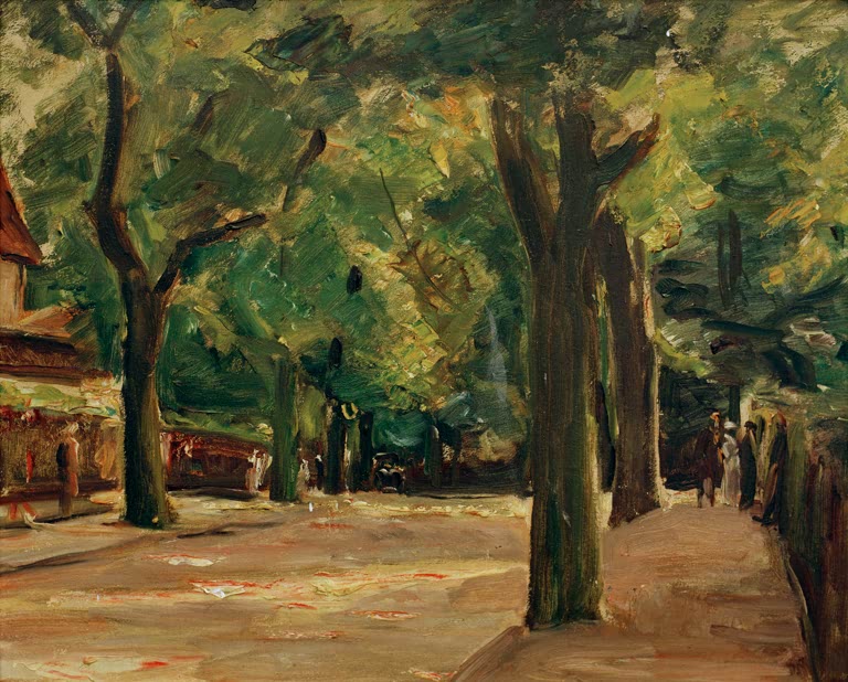 Sonnige Allee mit hohen Bäumen und Spaziergängern in Wannsee – Max Liebermann Die große Seestraße in Wannsee Kunstkopie