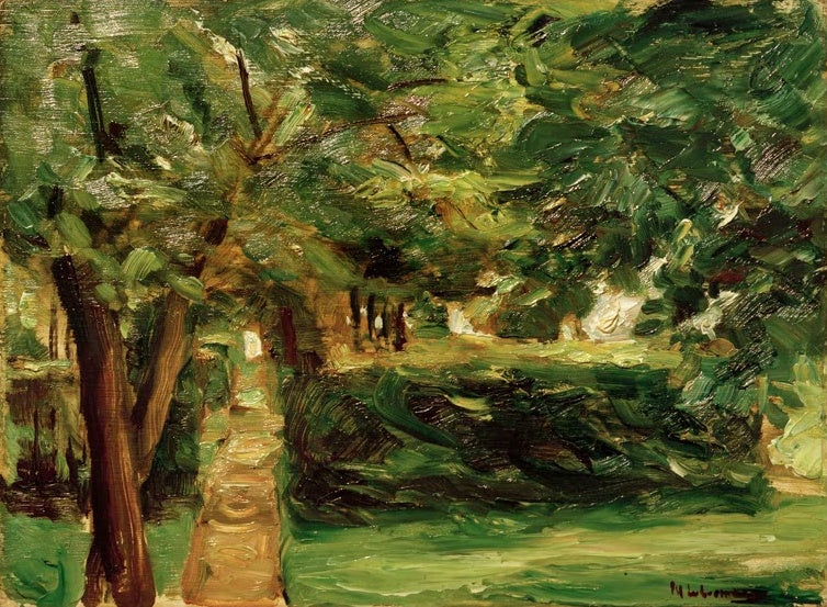 Max Liebermann Heckengärten in Wannsee Kunstkopie, Weggabelung zwischen hecken­gesäumten Blumenbeeten im Sommergarten