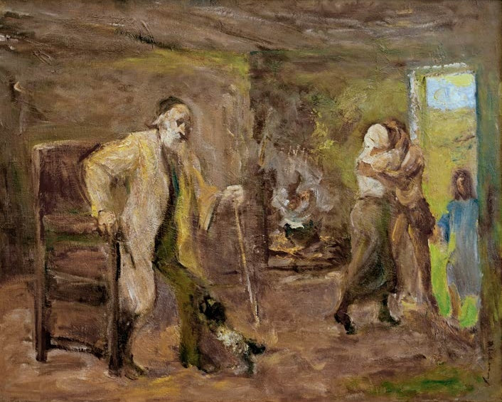 Alter Mann am Stock empfängt in einer Stube die Heimkehrenden an der Tür – Max Liebermann Die Heimkehr des Tobias Kunstkopie
